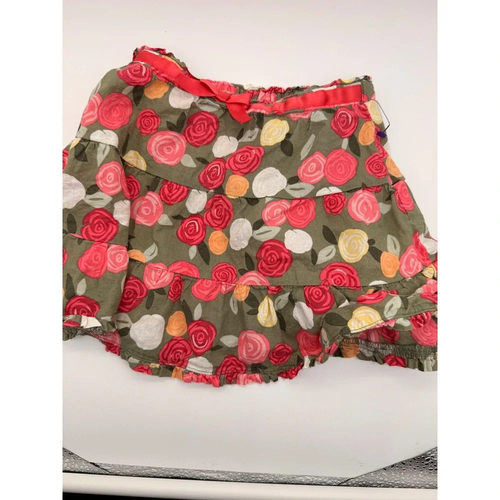 Gymboree‎ Tiered Ruffle Skirt Girls 12-18M Olive Green Rose Floral Cotton Bow